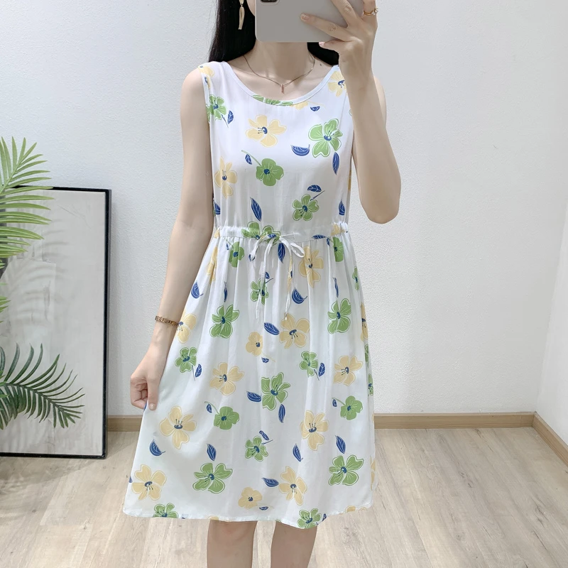 年轻人无袖棉绸连衣裙新款外出棉绸衣服薄款小个子人造棉裙子女夏