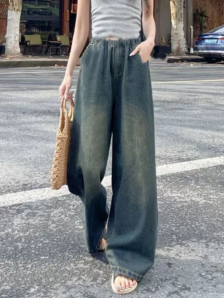 美式阔腿牛仔裤女夏季2025新款设计感高腰宽松显瘦休闲直筒拖地裤