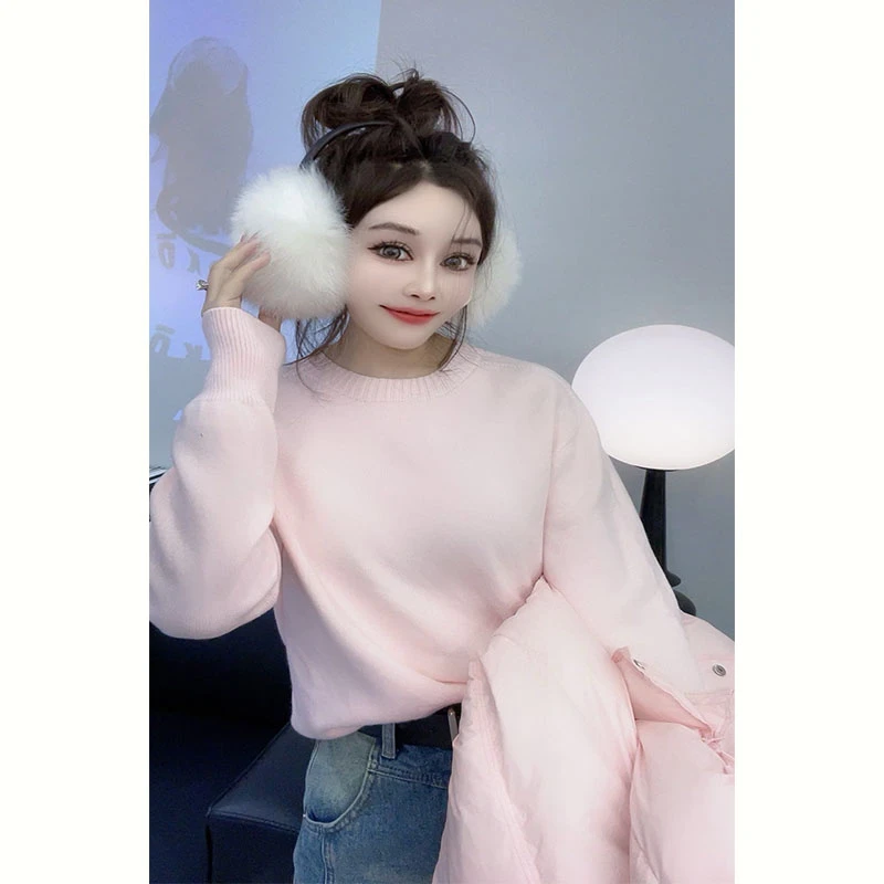 糖果色针织圆领纯色针织衫2025秋冬新款宽松遮肉长袖百搭洋气上衣