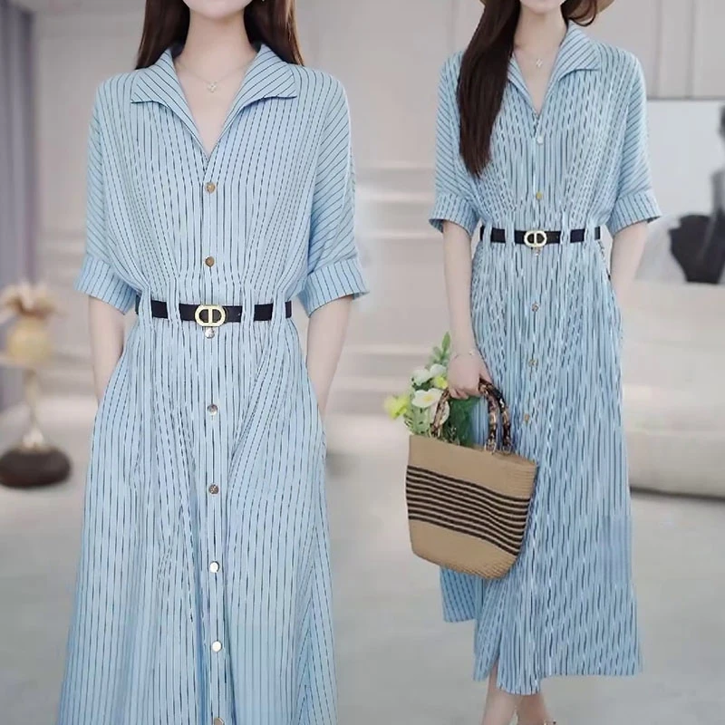 2025夏季新款气质简约短袖连衣裙女法式设计感小众收腰显瘦长裙子