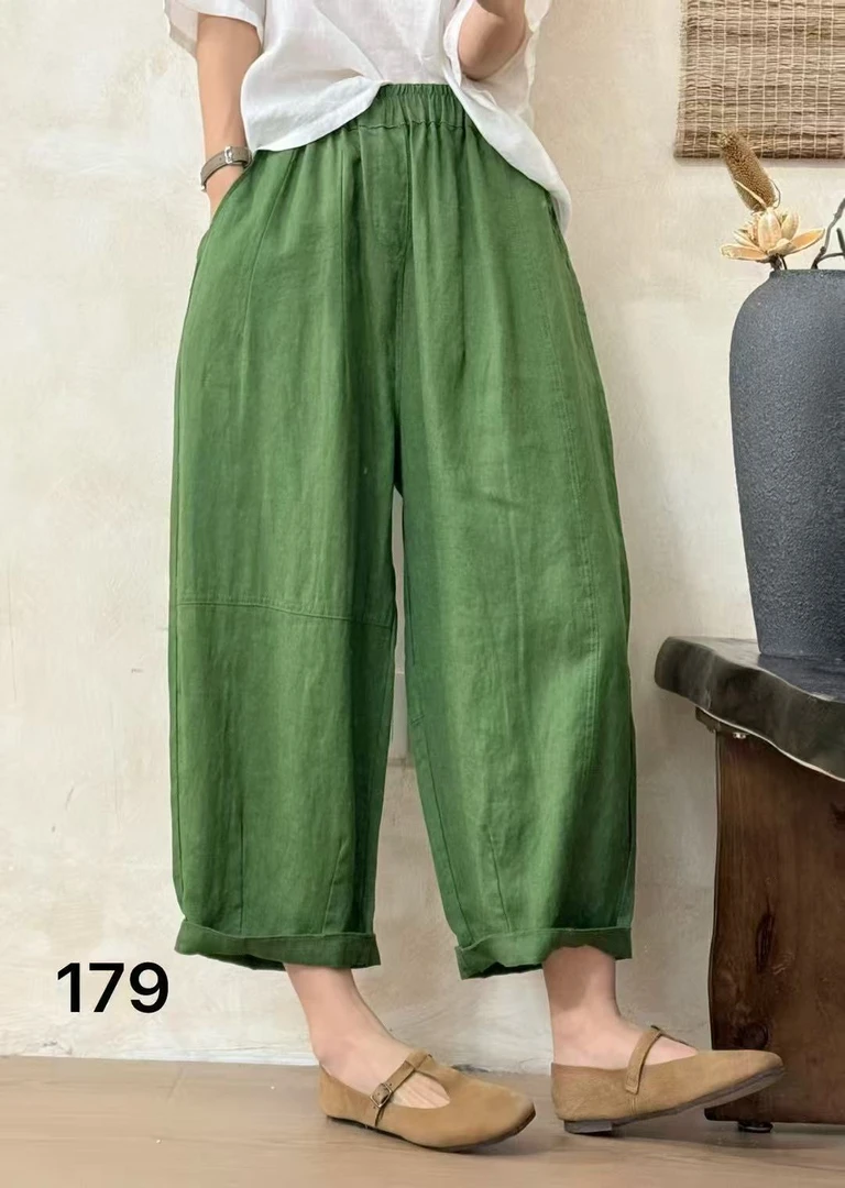 夏季新款纯亚麻哈伦裤遮肉显瘦宽松九分裤大裤脚雨露纯亚麻山本裤