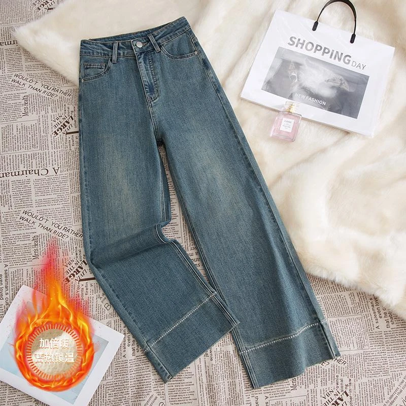 2025秋冬新款复古直筒牛仔裤女加绒高腰宽松显瘦小个子弹力九分裤