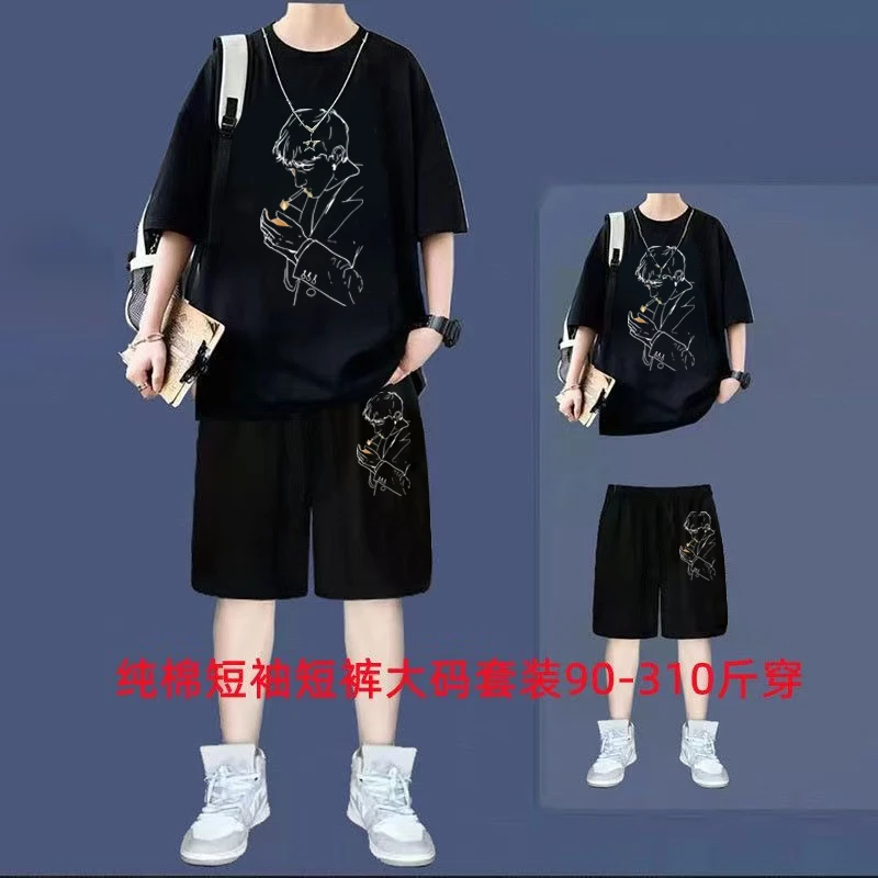加大加肥大码纯棉短袖t恤套装男夏青少年学生搭配衣服帅气两件装