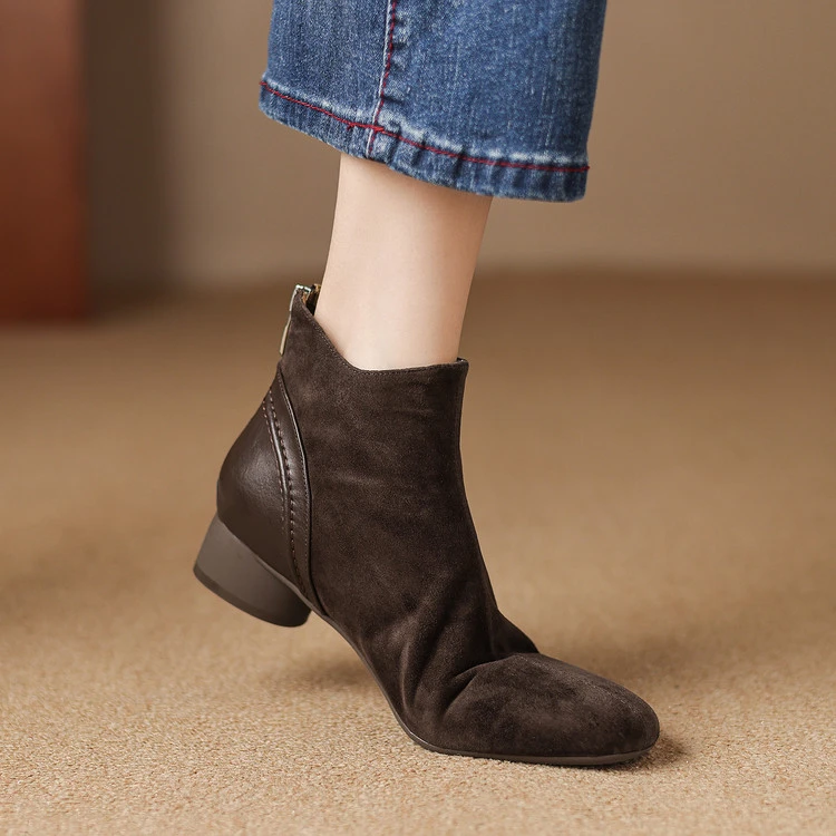 真皮磨砂粗跟短靴女及踝靴复古方头显瘦马丁靴女2025秋冬新款短靴