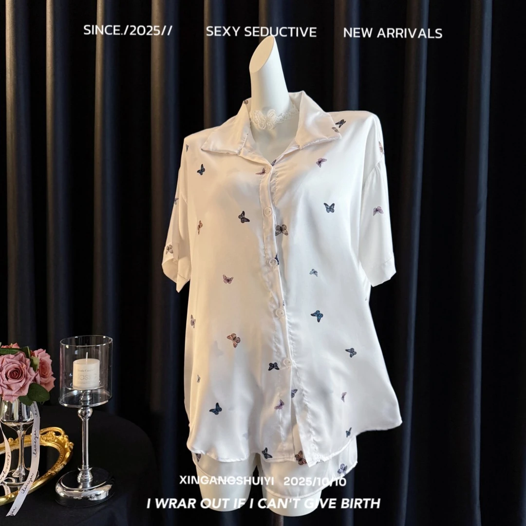 冰丝睡衣女夏季短袖带胸垫网红风25新款凉感蝴蝶可外穿家居服套装