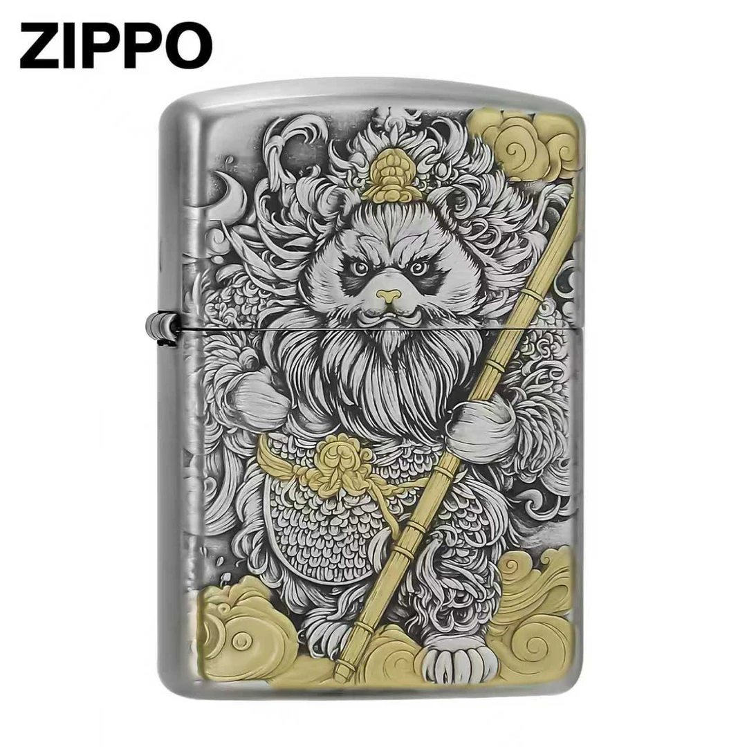 ZIPPO/之宝【竹杖熊猫】熏银镀金双面立体浮雕盔甲防风打火机DYX1H1