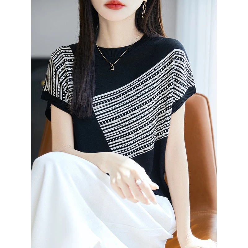 春夏季飞高级感莱赛尔天丝针织短袖女宽松显瘦上衣新款女装袖t恤