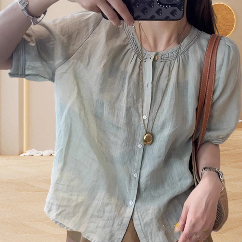 小众高级感纯棉女t恤短袖薄款减龄显瘦休闲开衫上衣春游出行衣服