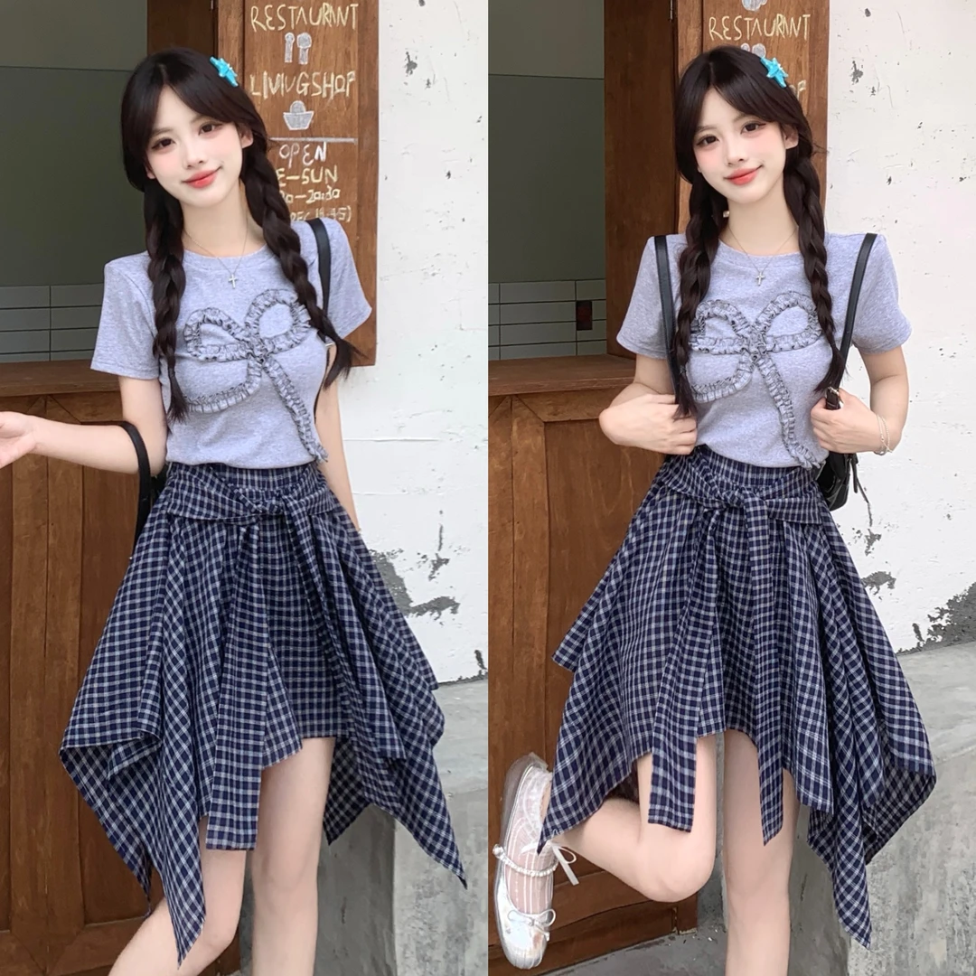 【锦城服饰】大码胖mm短袖T恤美式复古两件套装格子纯欲慵懒风女装