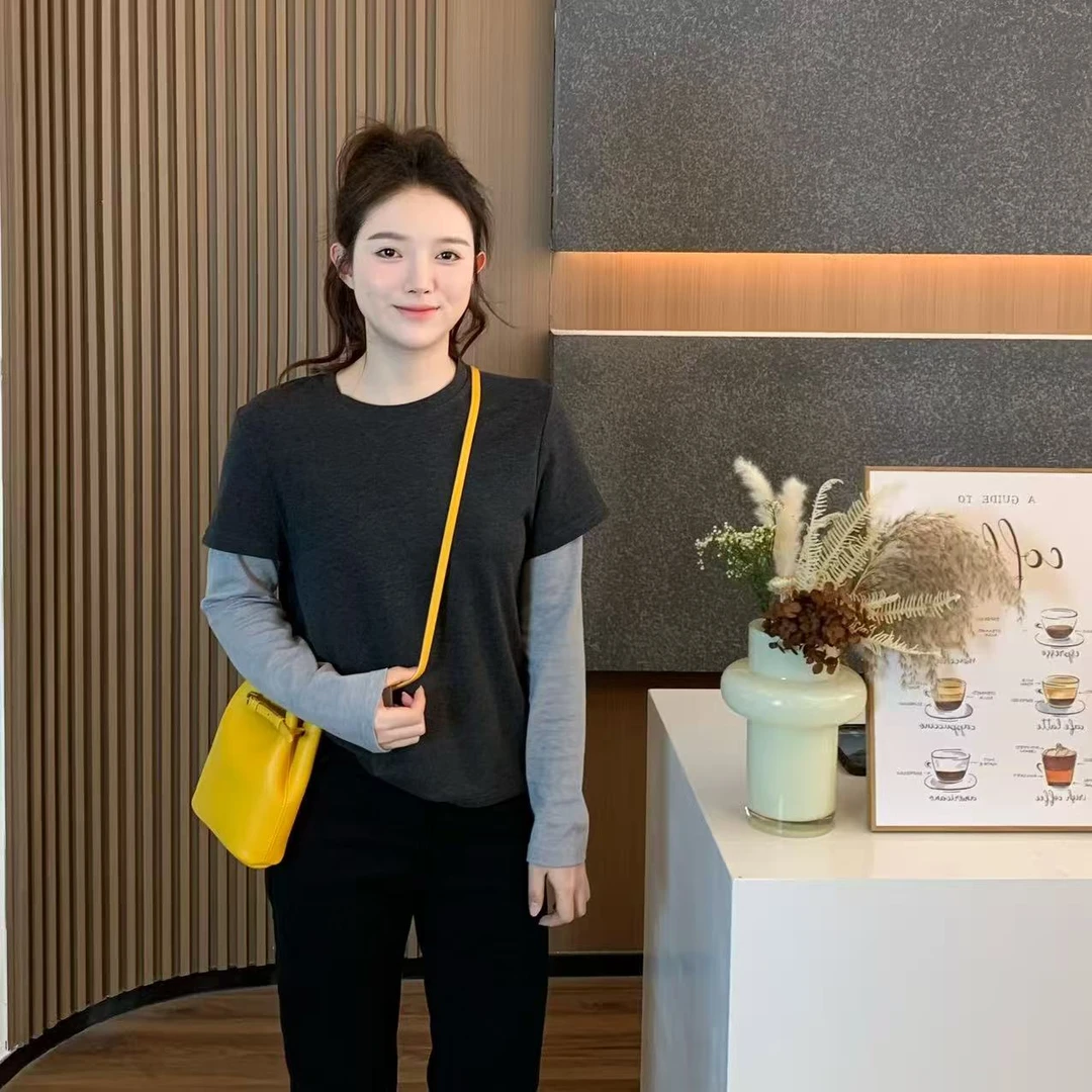 小羽酱小个子定制秋季韩系简约显瘦假两件拼接撞色棉弹长袖T恤