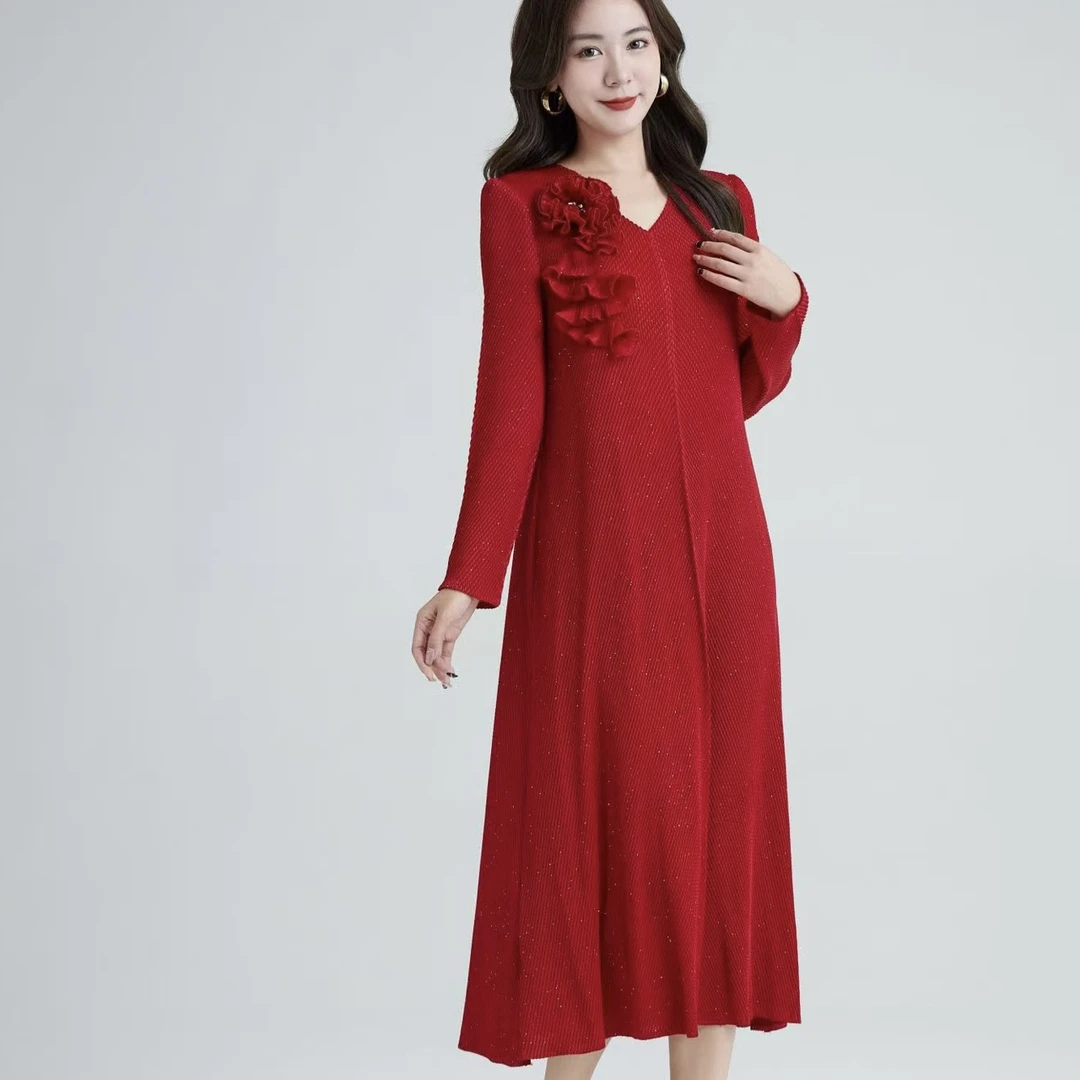 富店2125法式褶皱连衣裙过膝时尚优雅中长款裙子四季款连衣裙显瘦