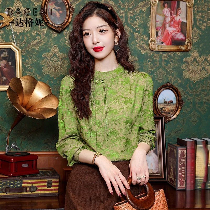 新中式缎面提花长袖衬衣女2025春季新款国风盘扣上衣洋气小衫