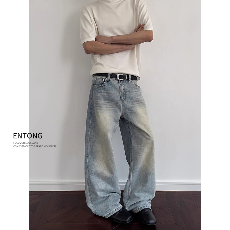 Entong美式cleanfit水洗做旧牛仔裤男生直筒显瘦长裤潮牌阔腿裤子