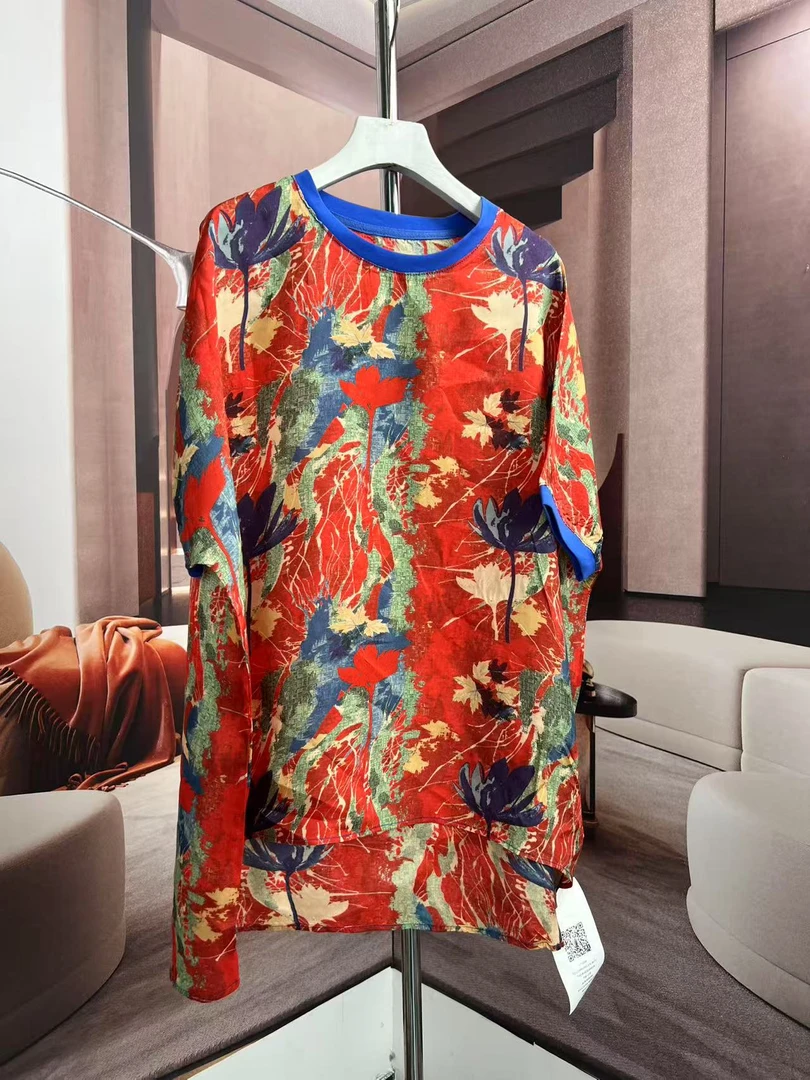 前长后短立体花新款立体印花气质时尚宽松显瘦短袖T恤上衣女古风