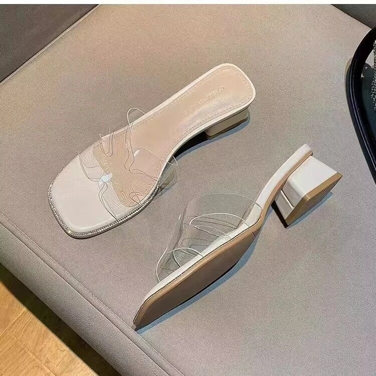 新款夏季外穿仙女风拖鞋粗跟透明水晶搭扣凉鞋露趾轻便防滑气质