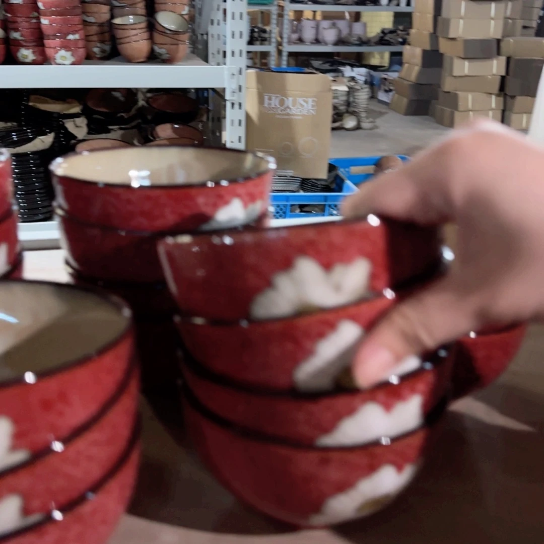 韩式红色米饭碗4只4.8寸