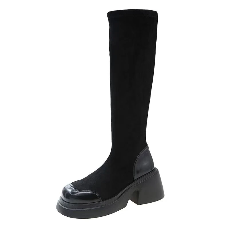 X913黑色单款弹力靴女2025年冬季新款厚底粗跟过膝靴靴袜靴长靴子