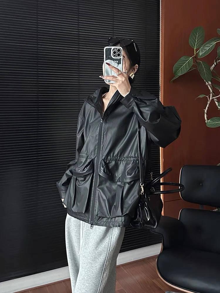 薄款中长款常规款连帽牛皮衣休闲黑色百搭春季