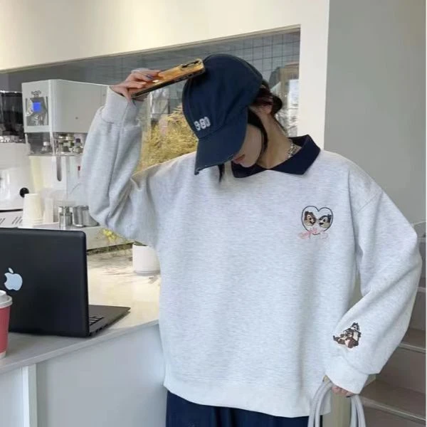 2705 春款POLO领 松鼠重工刺绣 袖子刺绣衬衣领假两件卫衣