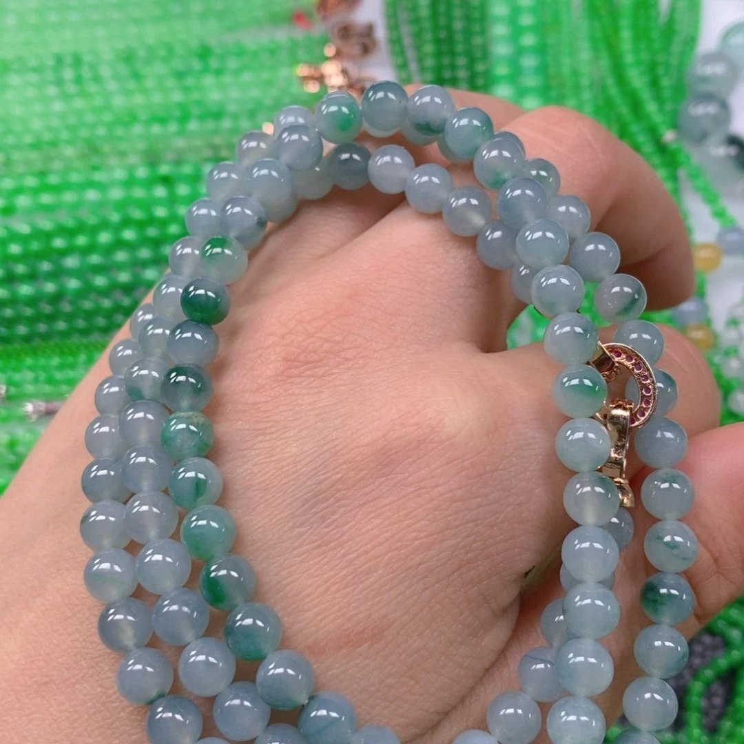 翡翠颈饰未镶嵌冰种飘蓝绿花项链6.5m' m