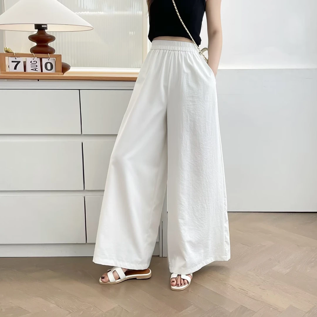 寒苏--100-210斤大码女装显瘦高腰百搭夏季松紧腰垂感白色阔腿裤