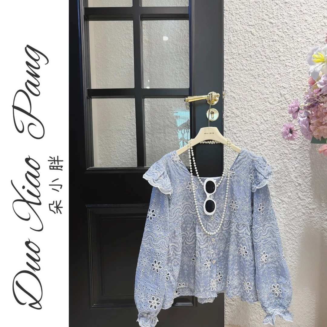 胖MM花朵刺绣镂空飞飞袖方领衬衫女夏季大码女装减龄显瘦上衣1083