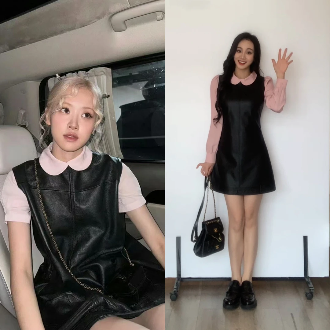 XINYI【甜妹rose】秋冬娃娃领拼接pu皮连衣裙收腰显瘦X624Q18680