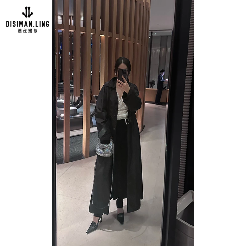 迪丝嫚苓黑色外套气质时尚百搭收腰中长款休闲小众日常原创风设计