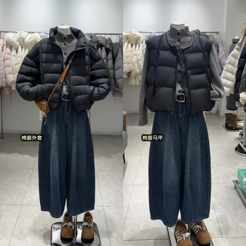 韩版时尚百搭棉服马甲外套2025冬季高领针织毛衣高腰阔腿裤三件套