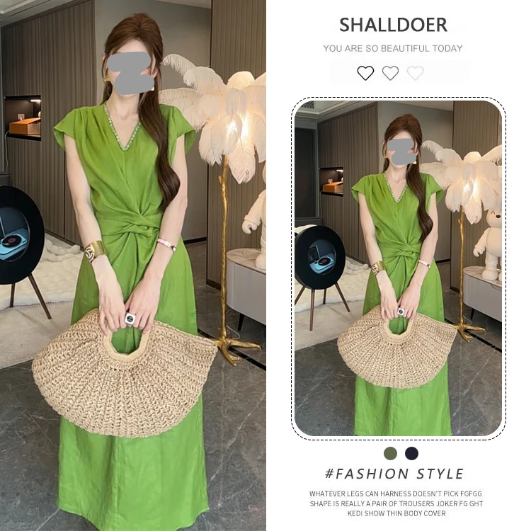 韩系小众设计感连衣裙女夏季新款扭结时尚V领收腰显瘦中长款裙子