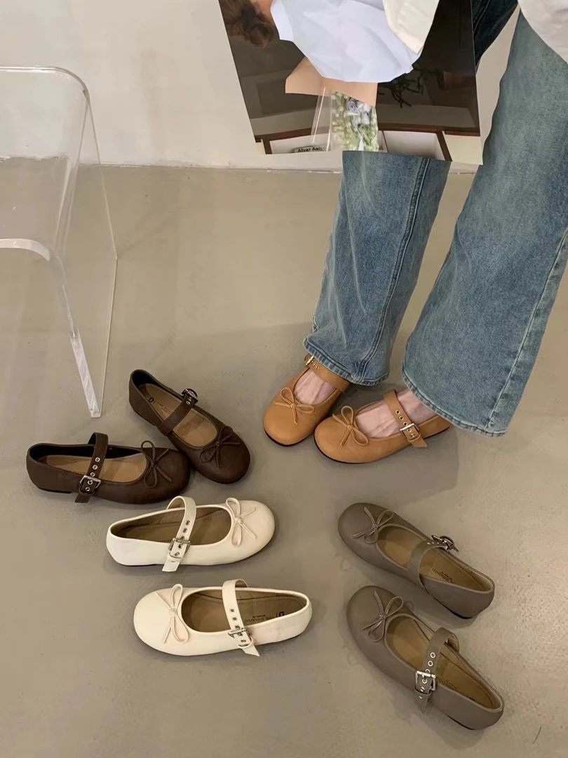 D6238-6 玛丽珍鞋小香风圆头一字扣带蝴蝶结软皮平底芭蕾鞋平底