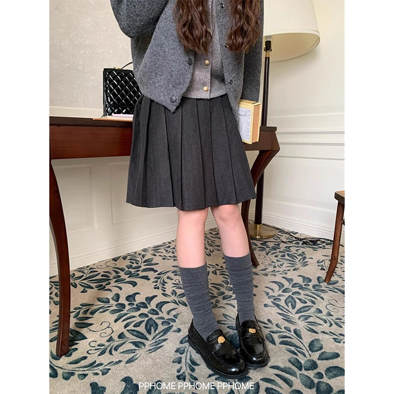 百褶中裙 女子高中miu系毛呢半身裙冬季中长半身裙女