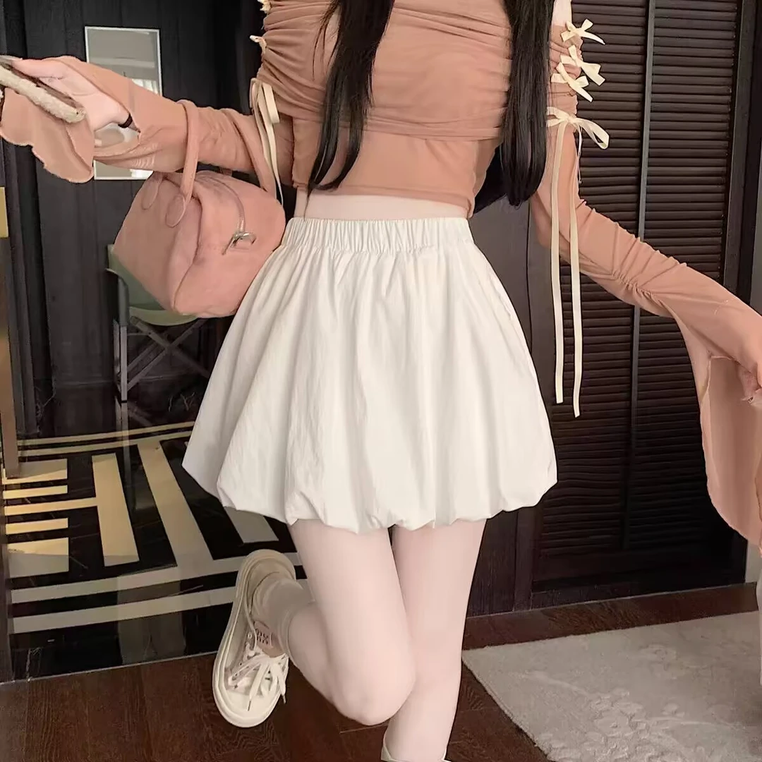 白色花苞短裤裙裤女夏季2025新款高腰显瘦a字半身裙云朵蓬蓬短裤