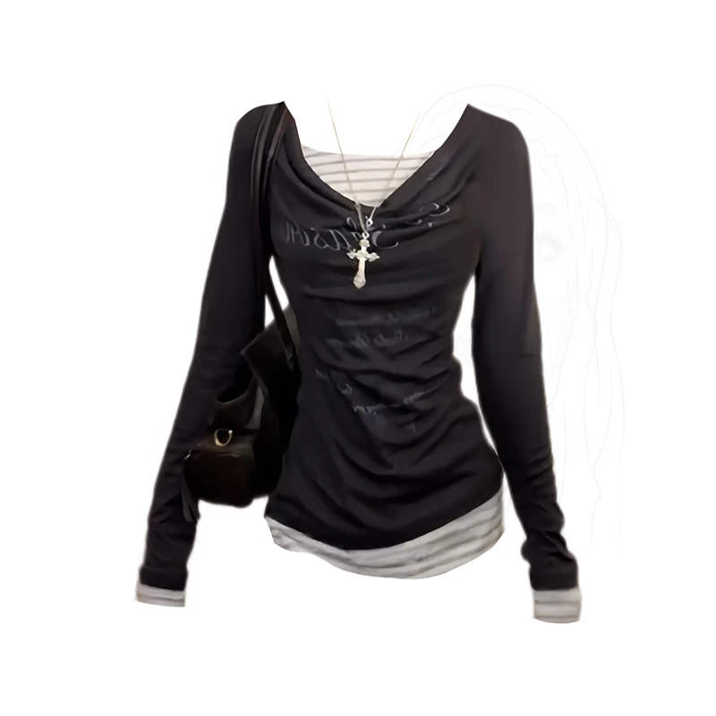 大码胖MM美式复古假两件拼接长袖t恤女早秋新款修身显瘦别致上衣