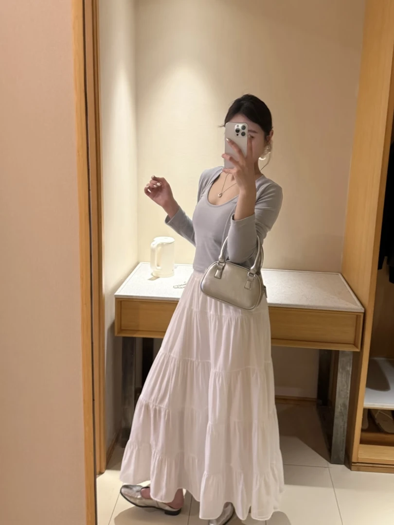 @096 巨百搭！巨垂顺！大裙摆白色半身裙2025春夏新款半身裙带内衬