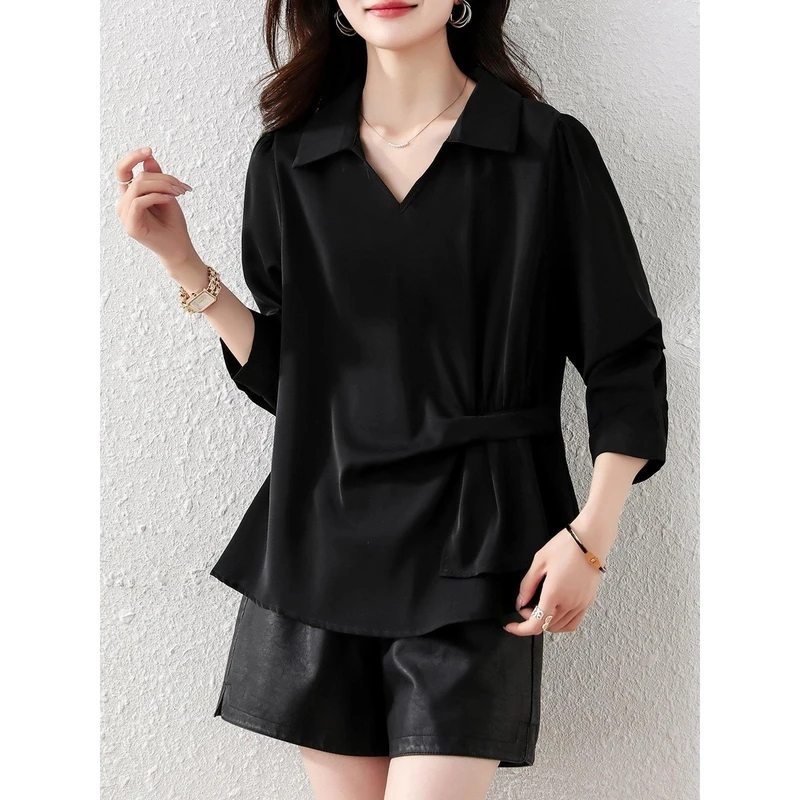 时尚衬衫女百搭简约大码女装时尚休闲宽松遮肉显瘦新款遮肚上衣