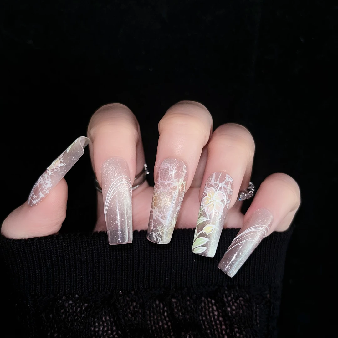 C0225纯手工梦幻渐变猫眼手绘花朵美甲贴片显白持久可卸穿戴甲