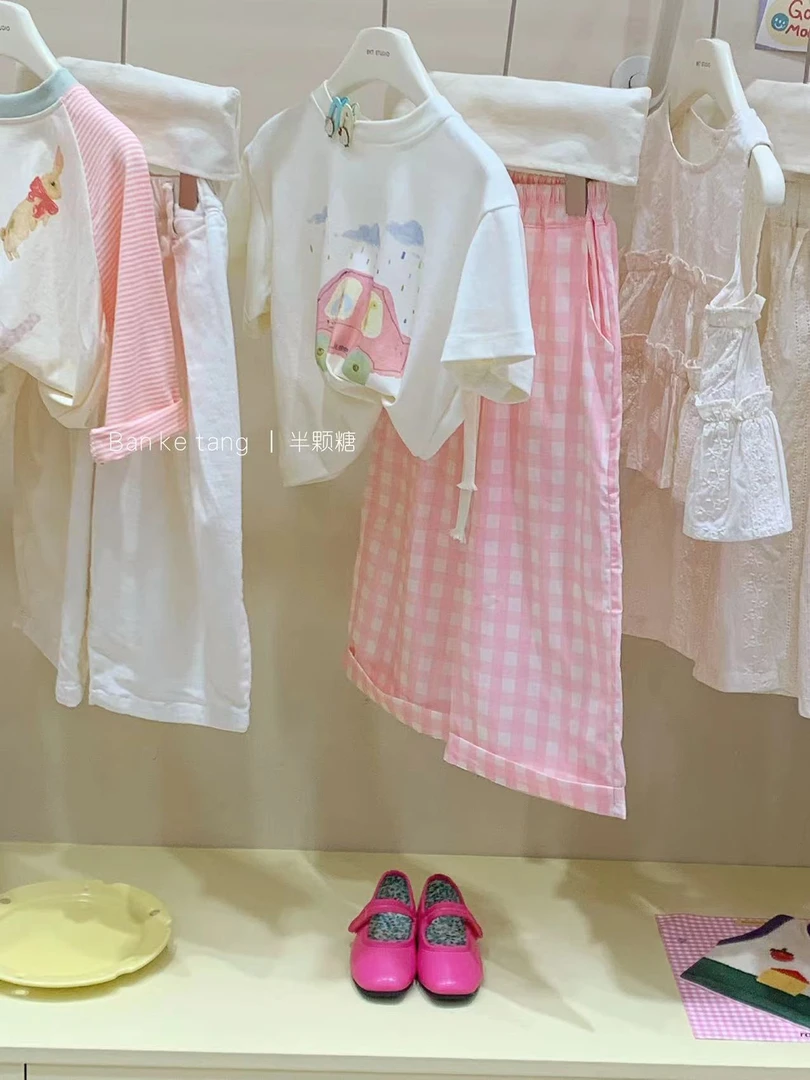 在仓  女童卡通短袖T恤韩版套装女宝洋气格子裤套装2025春夏新款