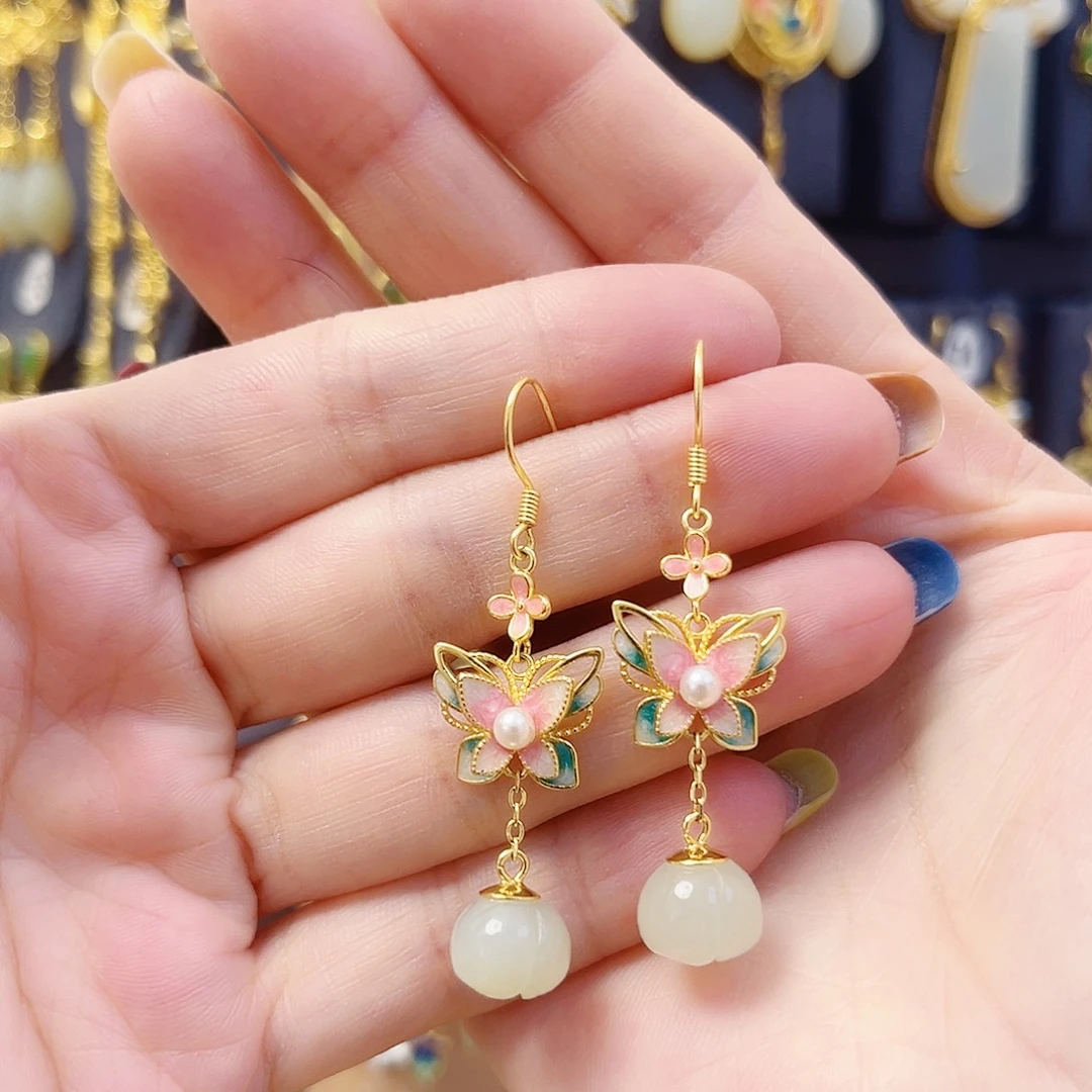 和田玉银S925镀金镶嵌耳饰