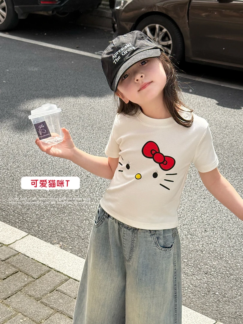 童装2025夏季新款女童宝宝T恤正肩上衣时髦短款修身猫咪 牛仔裤