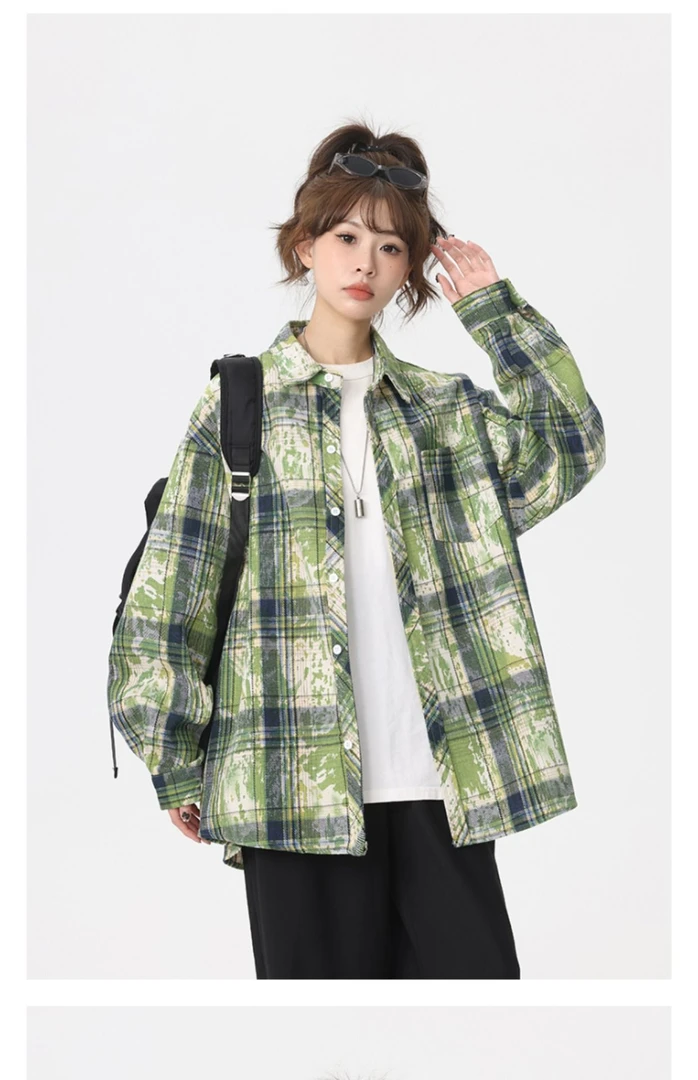 美式高街绿色扎染格子宽松衬衫高级感痞帅长袖衬衣春秋情侣外套潮