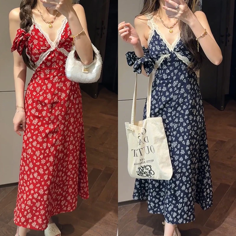 【mimius】喵喵 法式蕾丝吊带设计V领碎花连衣裙（含发圈） G04182