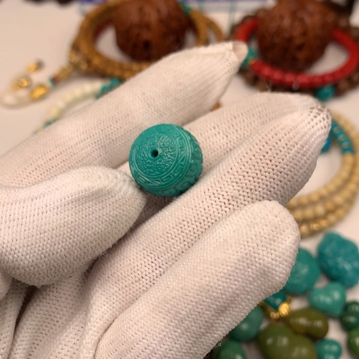 绿松石未镶嵌雕刻绿松石精品回纹珠