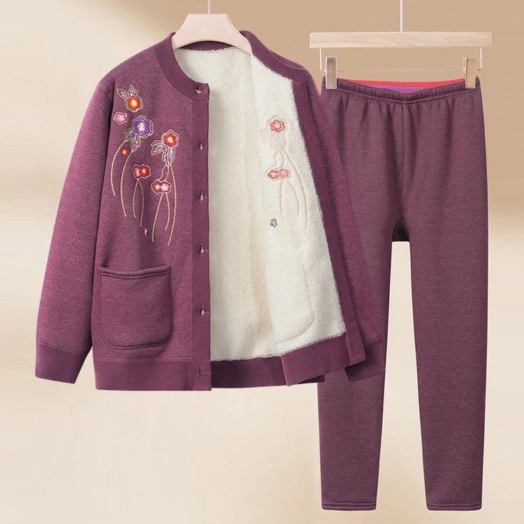 奶奶冬装套装女老年人冬天两件套妈妈秋冬季加绒加厚外套口袋显瘦