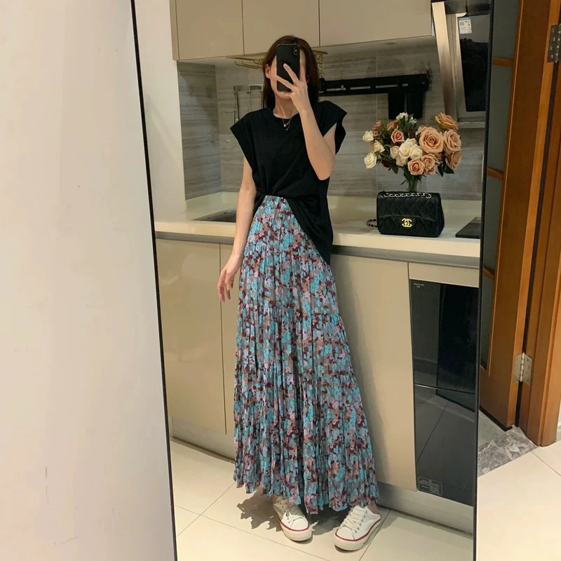 波西米亚风蓝色碎花半身裙女2025夏季复古雪纺超大摆褶皱显瘦A88