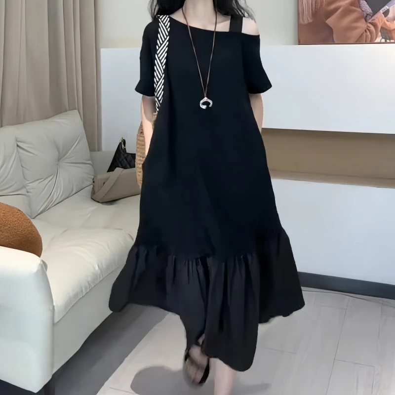 法式黑色连衣裙女夏季宽松显瘦设计感褶皱拼接荷叶边休闲小黑裙