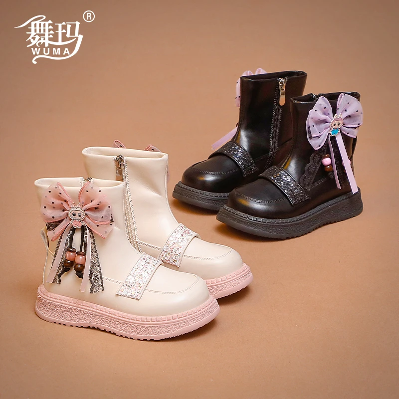 舞玛女童鞋子儿童加绒马丁靴2025新款冬季黑色库洛米二棉靴547153