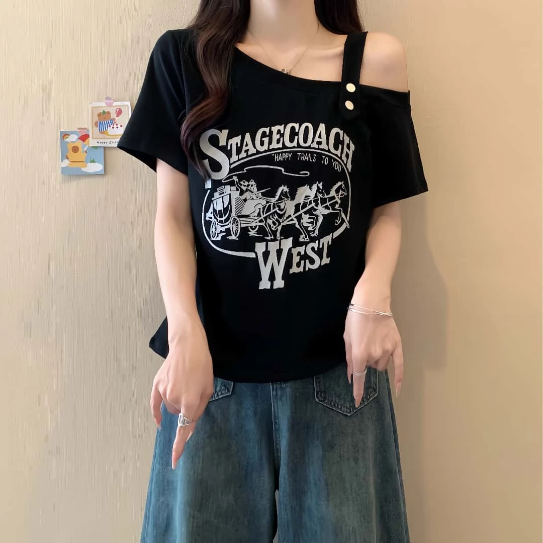 纯欲风设计感印花短袖T恤女夏季2025新款大码胖mm辣妹风露肩上衣