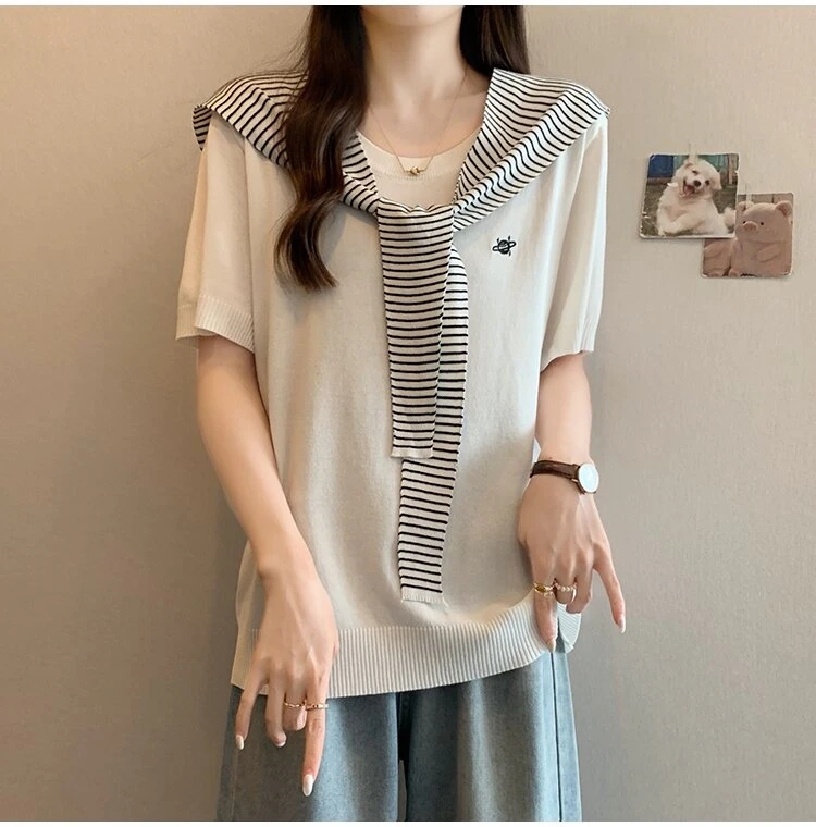 韩系别致带披肩冰丝针织短袖T恤两件套女大码胖mm设计感独特上衣
