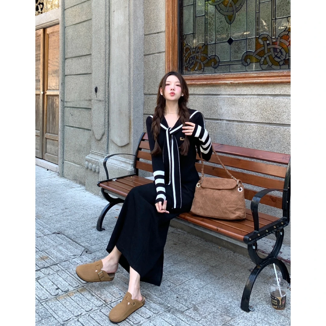 「拉斐尔画家」秋季新款海军领蝴蝶结绑带高弹长袖针织衫女半裙